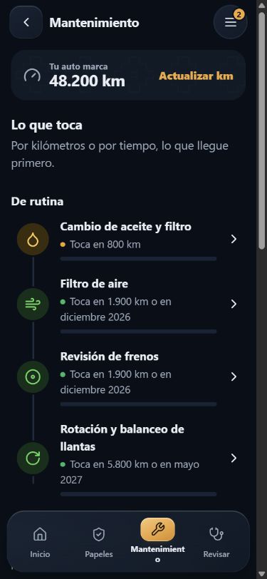 Próximos cuidados del auto en la app